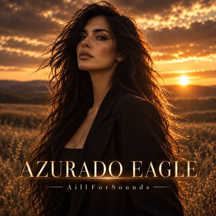AZURADO EAGLE single cover by AillForSounds – woman with long dark wavy hair in a black jacket standing in a golden field at sunset